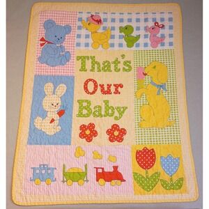 Vintage‎ 70's Gingham Baby Quilt That's Our Baby Blanket Patchwork Crib Animals